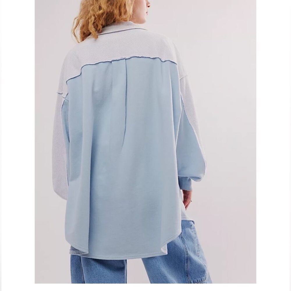 NWT Free People Madeleine Polo Sweatshirt Med Winter Sky Blue $148 Retail Cotton - Picture 7 of 11